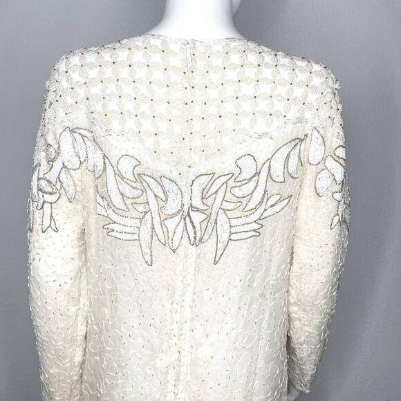 Anjumun California Rare Vintage 80s White Floral Pearlescent Beaded Gown - Picture 7 of 11